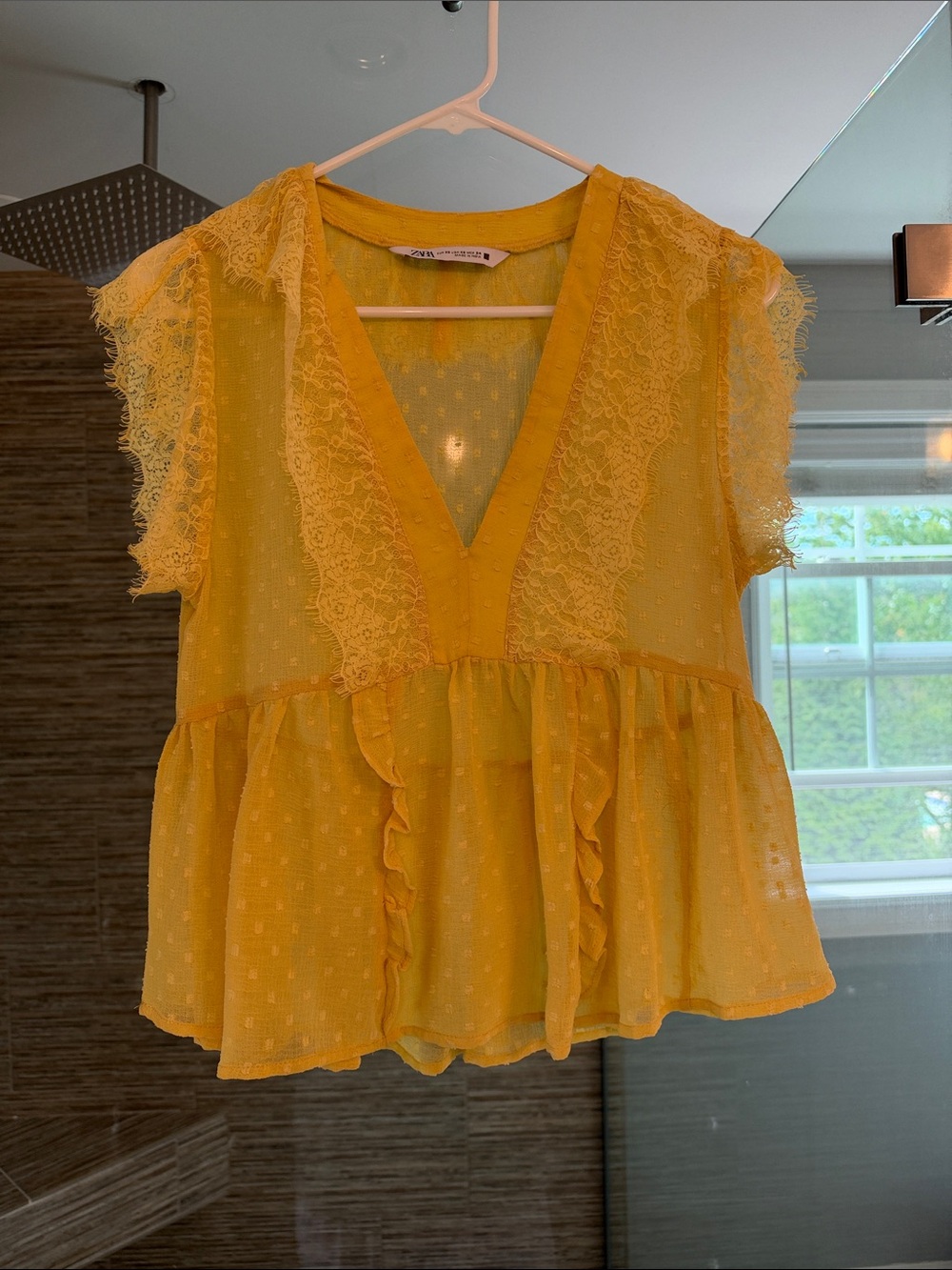 Zara Yellow Lace-Trim V-Neck Peplum Blouse
